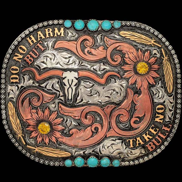 The Spirit of the Wild West resides on the Ellie Custom Belt Buckle! This buckle features 2D western figures, copper scrollwork and 10 turquoise stones. 